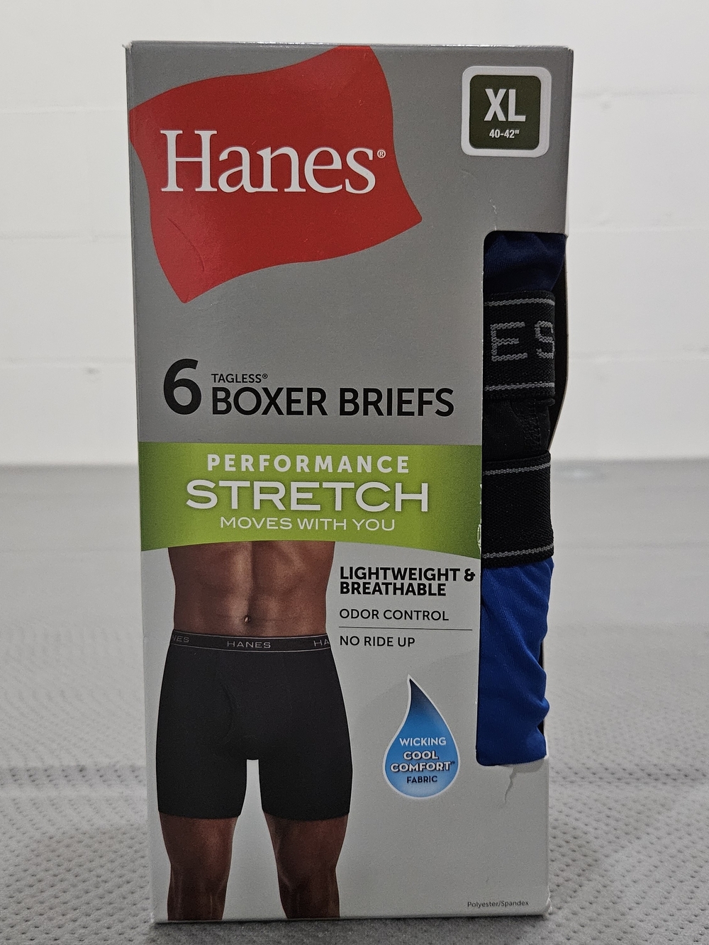 Hanes Performance Stretch Boxer Briefs - Black & Blue (6-Pack) Size XL